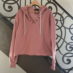 Pink Cropped v-neck Hoodie with drawstring